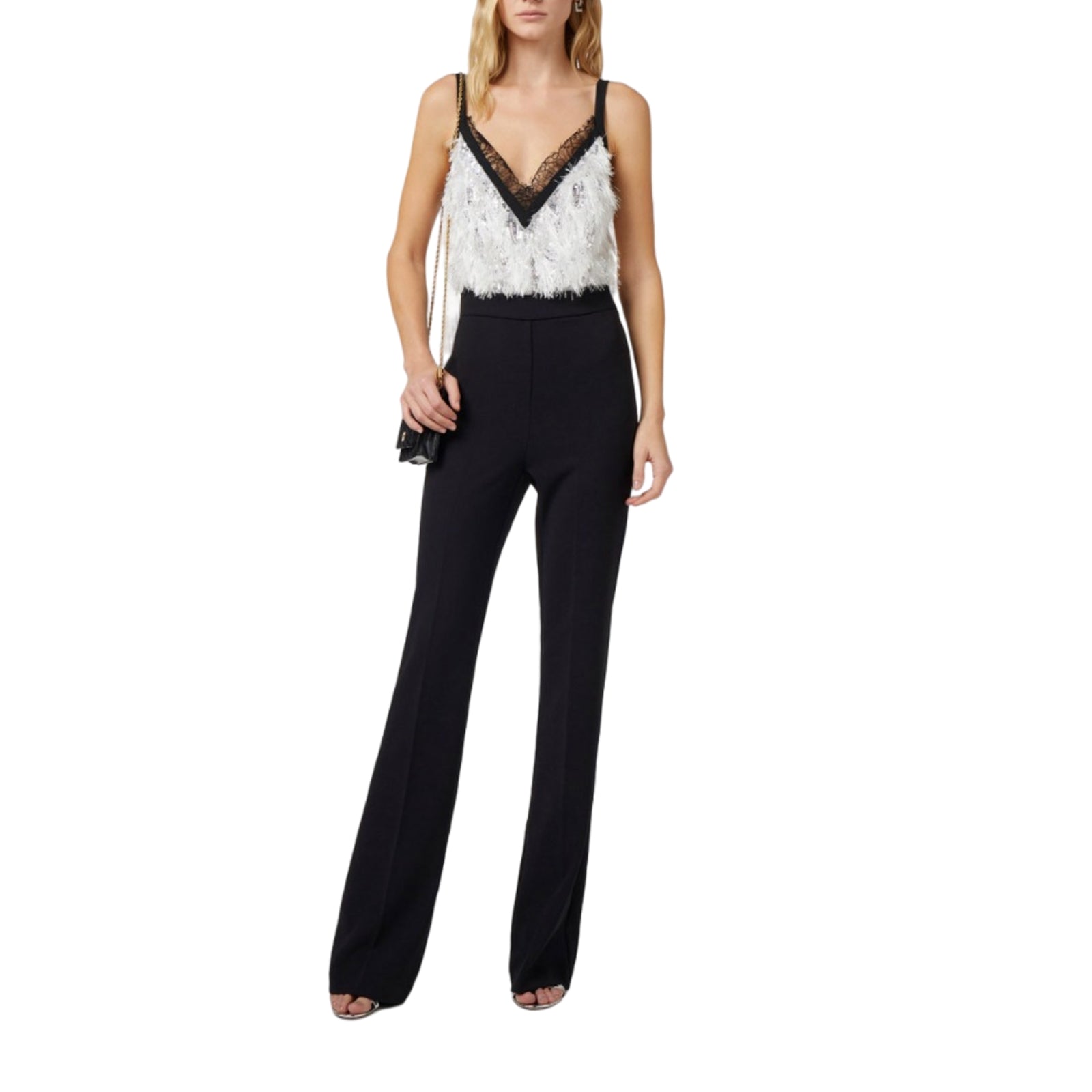 Tuta in crêpe con top ricamato di paillettes e pizzo