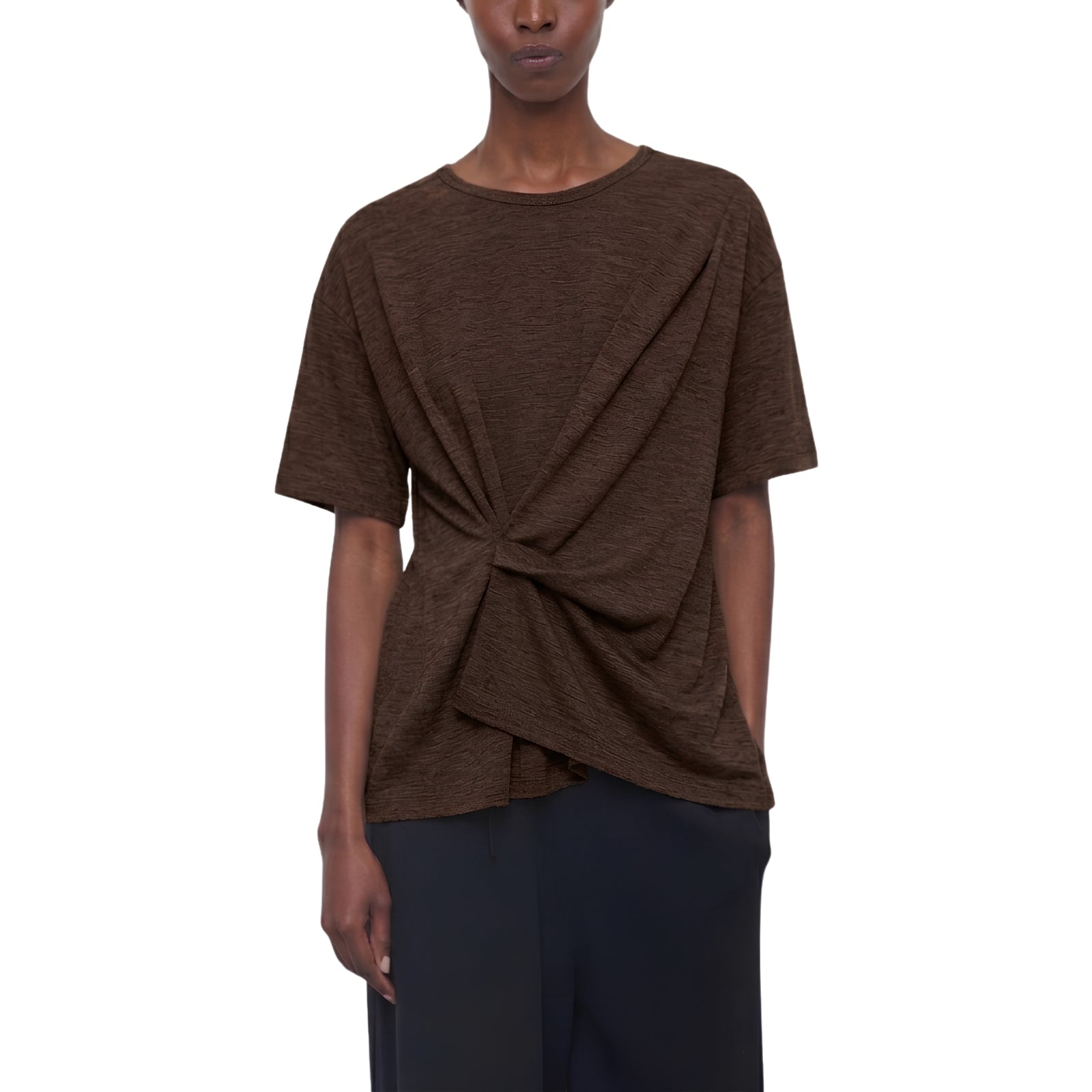 T-shirt Asimmetrica in Jersey Crema con Nodo Drappeggiato - FANGO