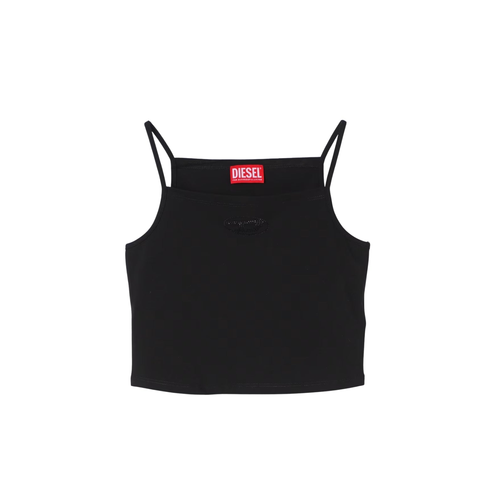 Crop top con spalline sottili con logo strass - NERO