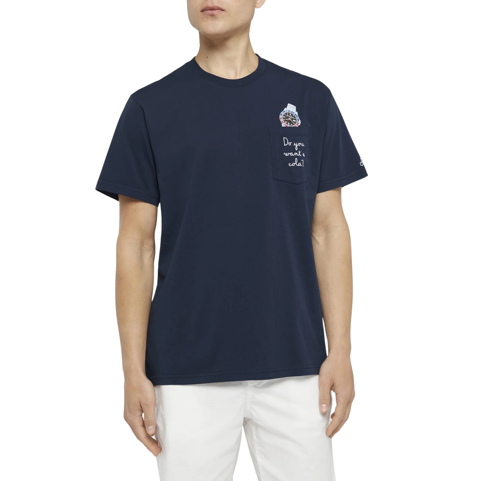 T-shirt Austin blu con orologio e ricamo Do You Want A Cola?