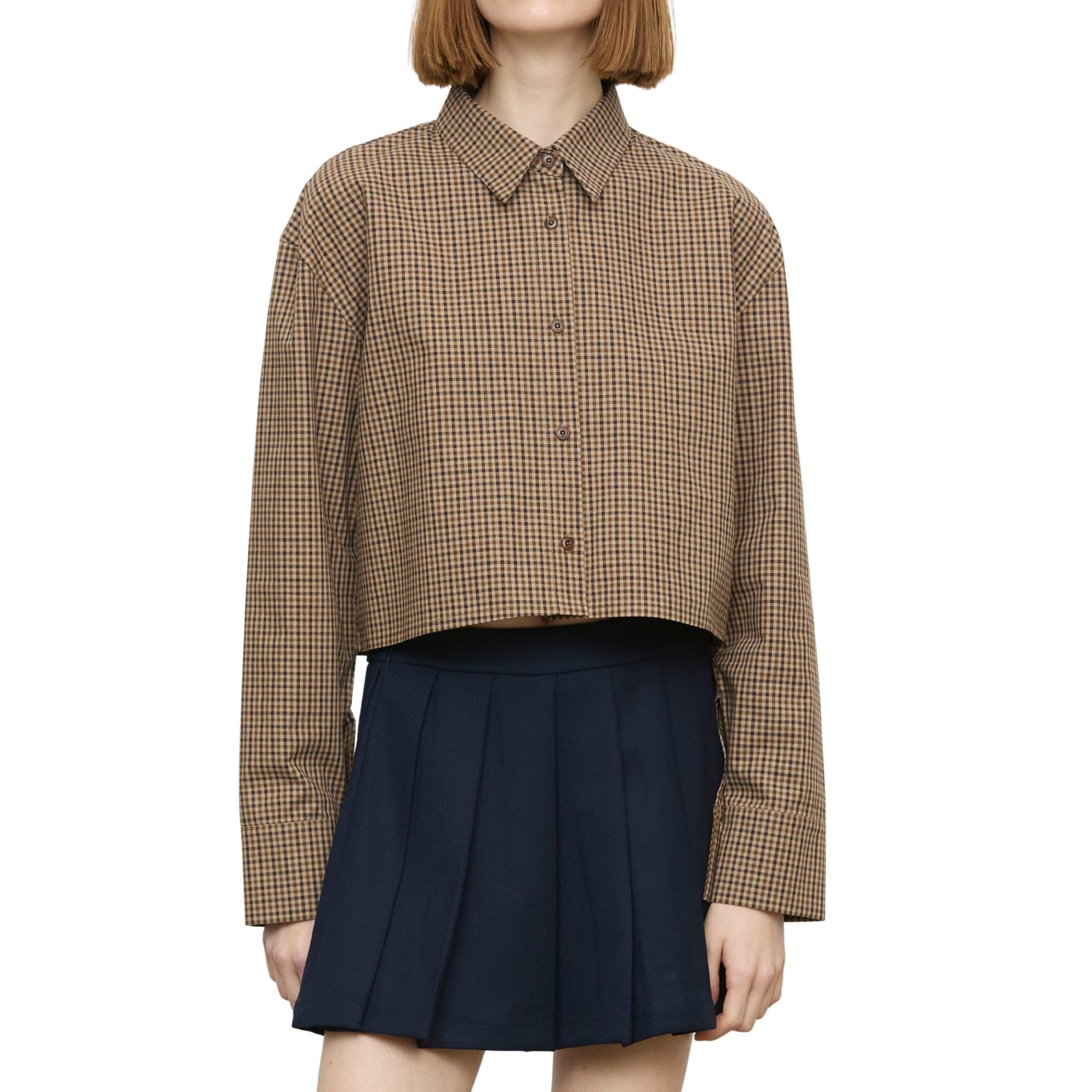 Camicia corta crop a micro-quadri marrone e beige