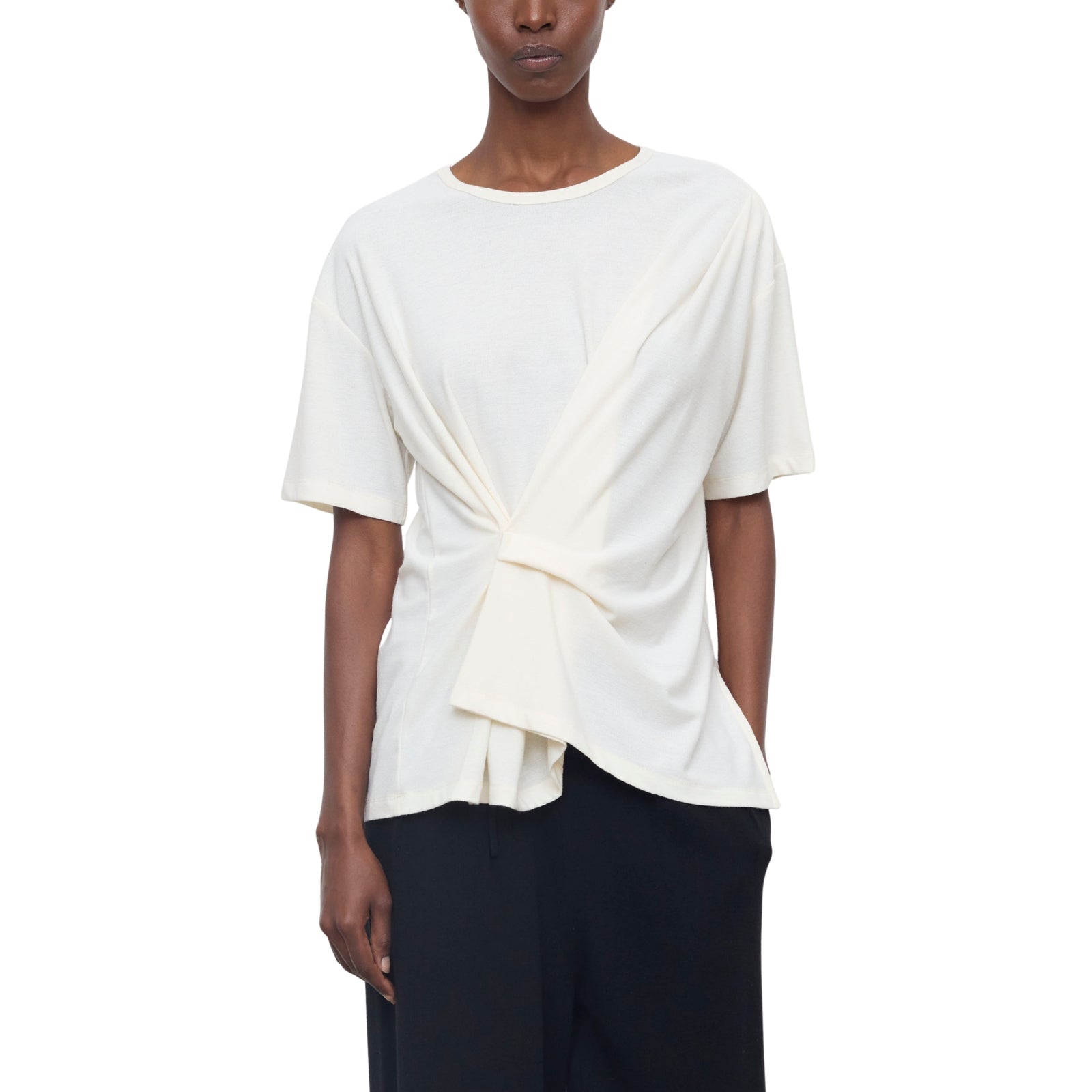 T-shirt Asimmetrica in Jersey Crema con Nodo Drappeggiato