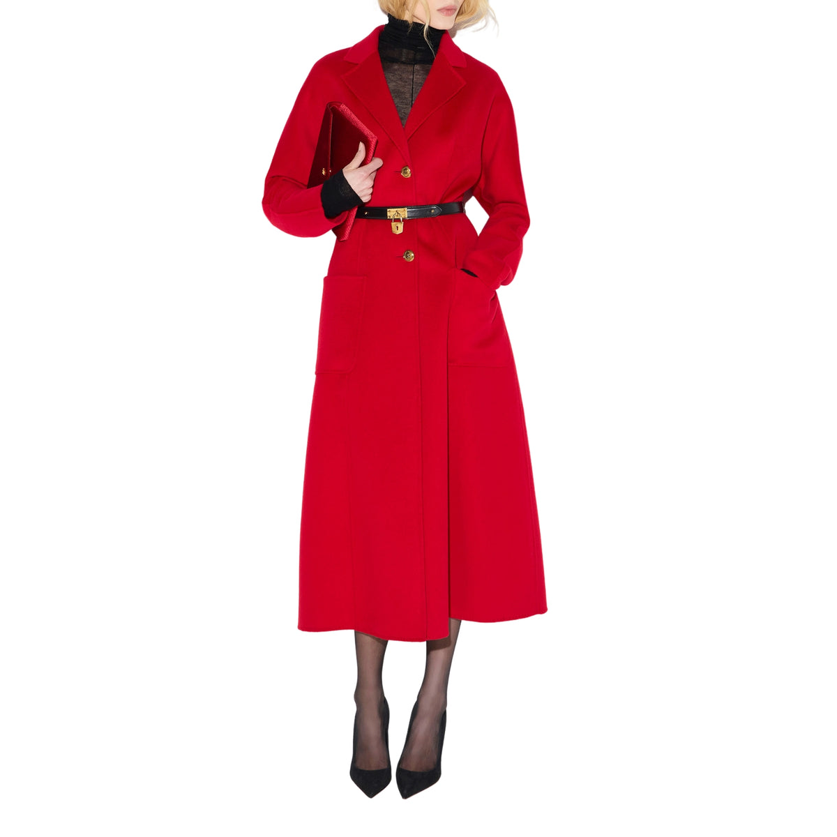 Cappotto in panno double con cintura - ROSSO