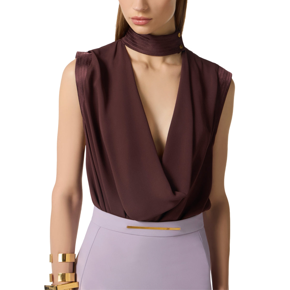 Top in georgette smanicato con dettagli in raso - Cacao