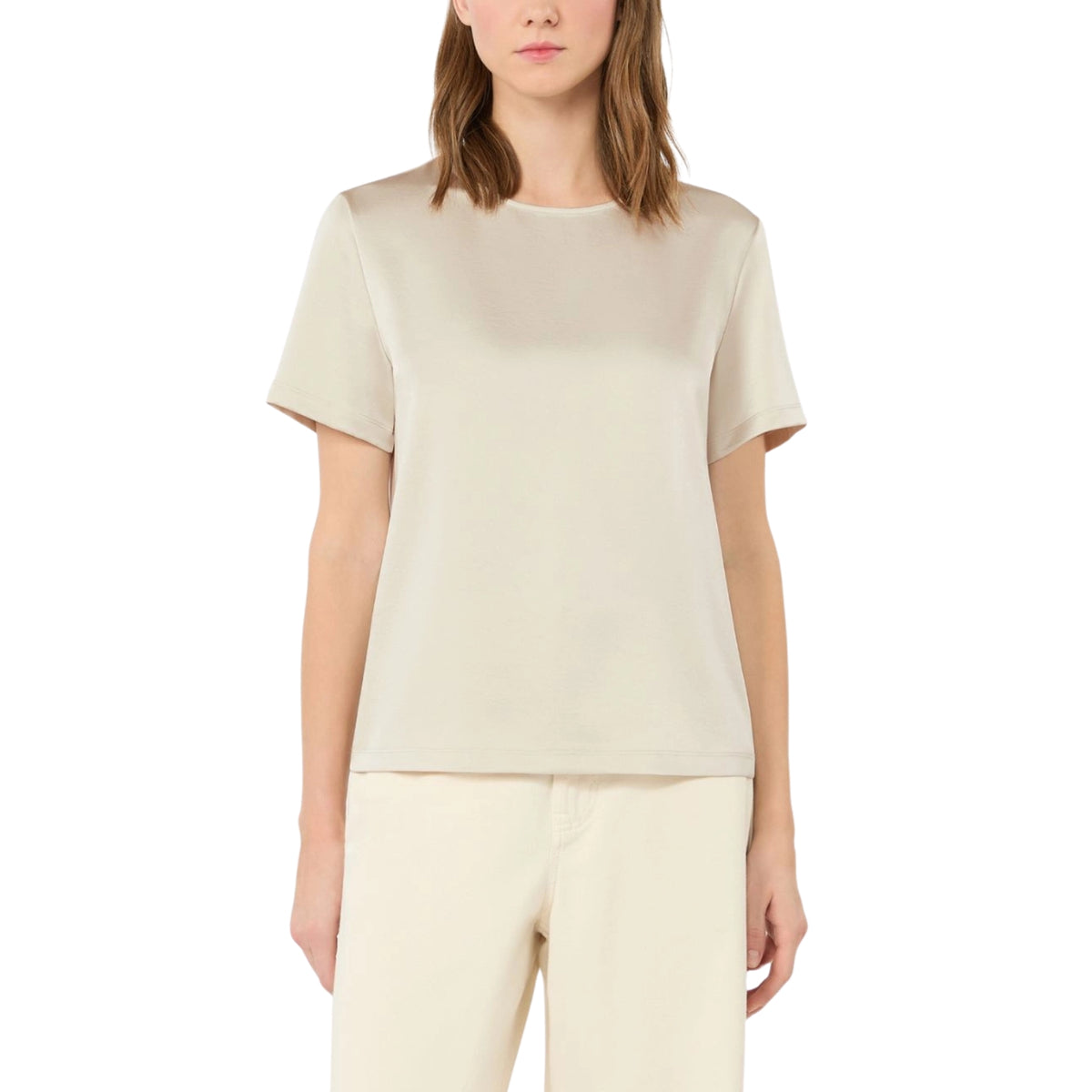 T-shirt girocollo in raso con chiusura a goccia - Panna