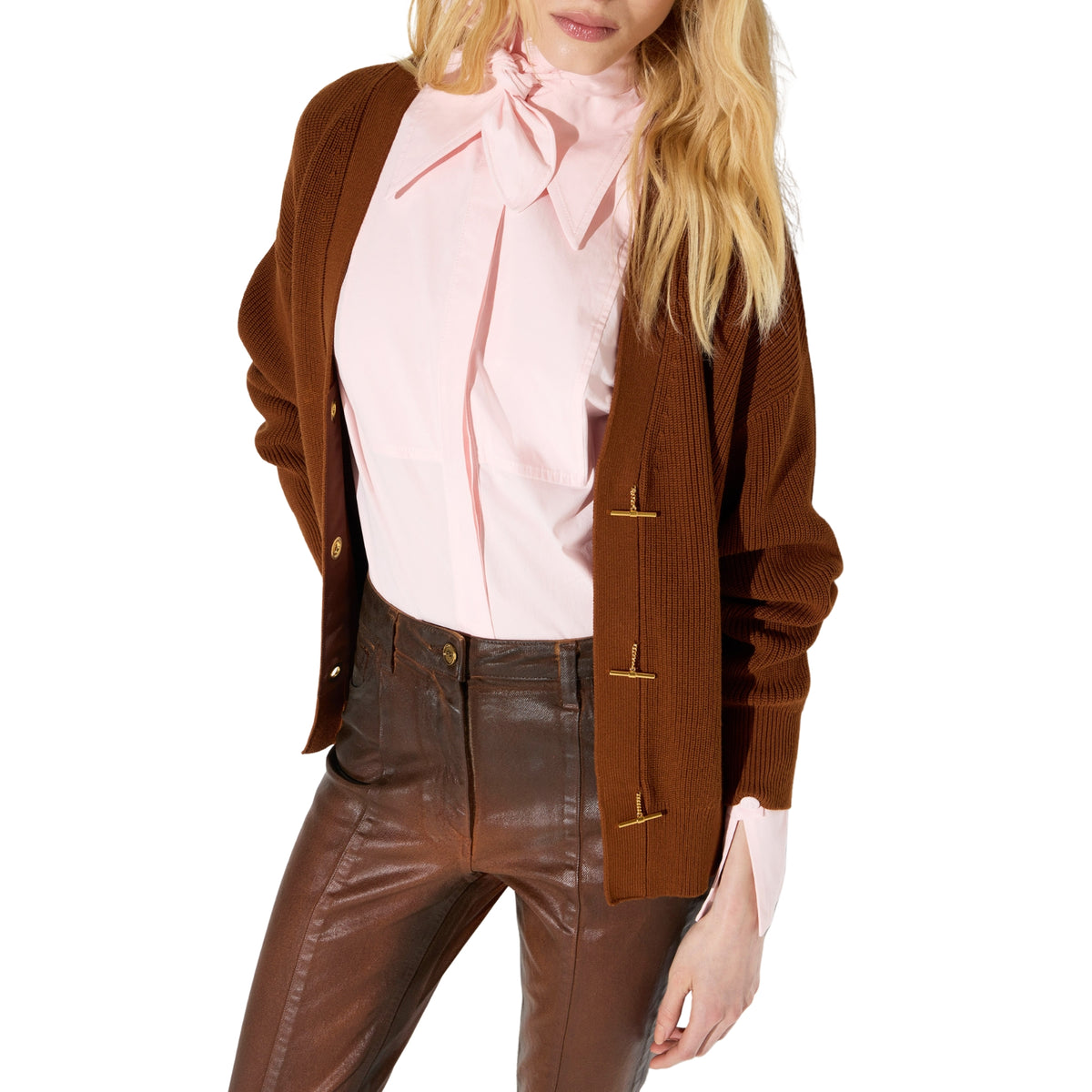 Cardigan a punto pannocchia con bottoni catenella - Sigaro