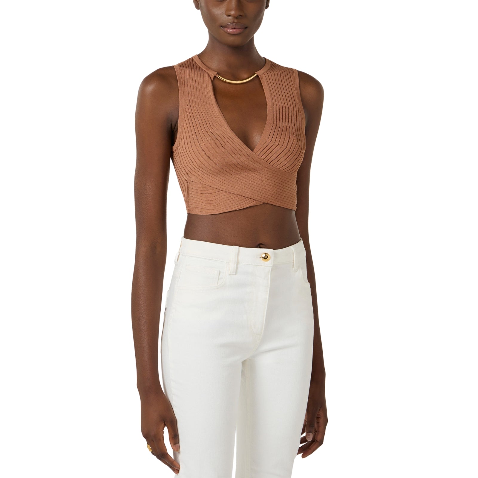 Top in maglia con dettaglio gioiello - CUOIO