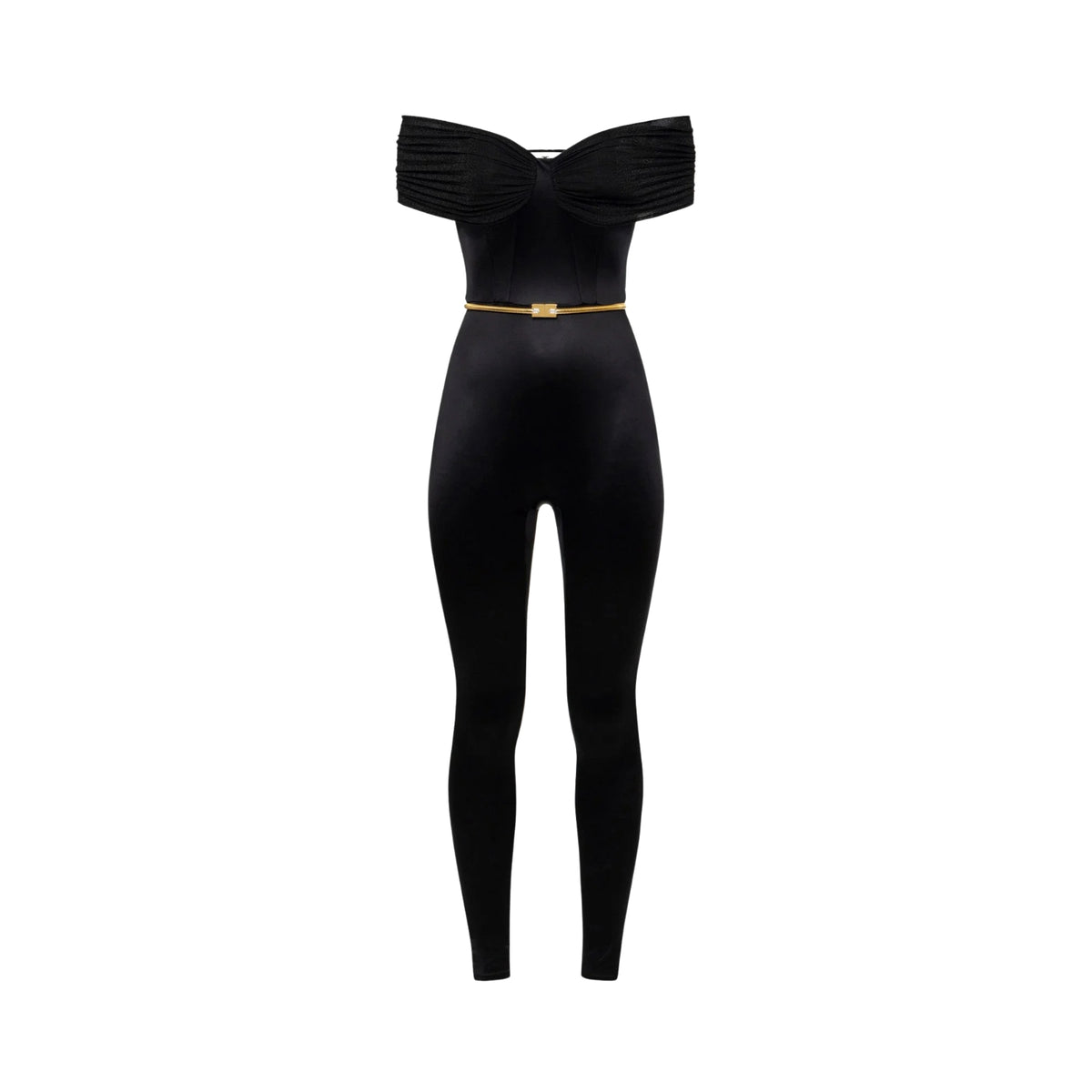 Tuta bustier in lycra lucida con cintura metallica - Nero