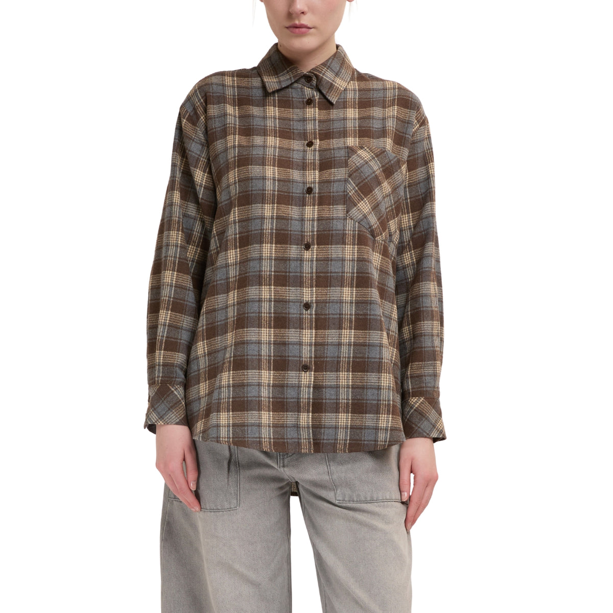 Camicia a quadri con taschino applicato - Marrone