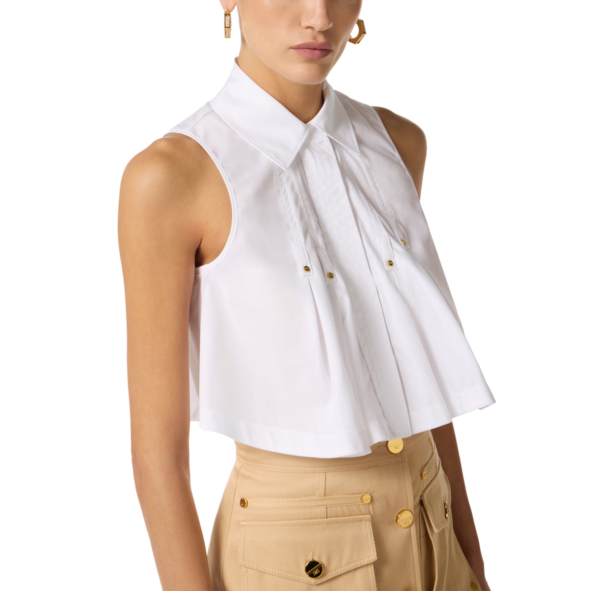 Camicia smanicata con colletto alto e martingala logo - Bianco