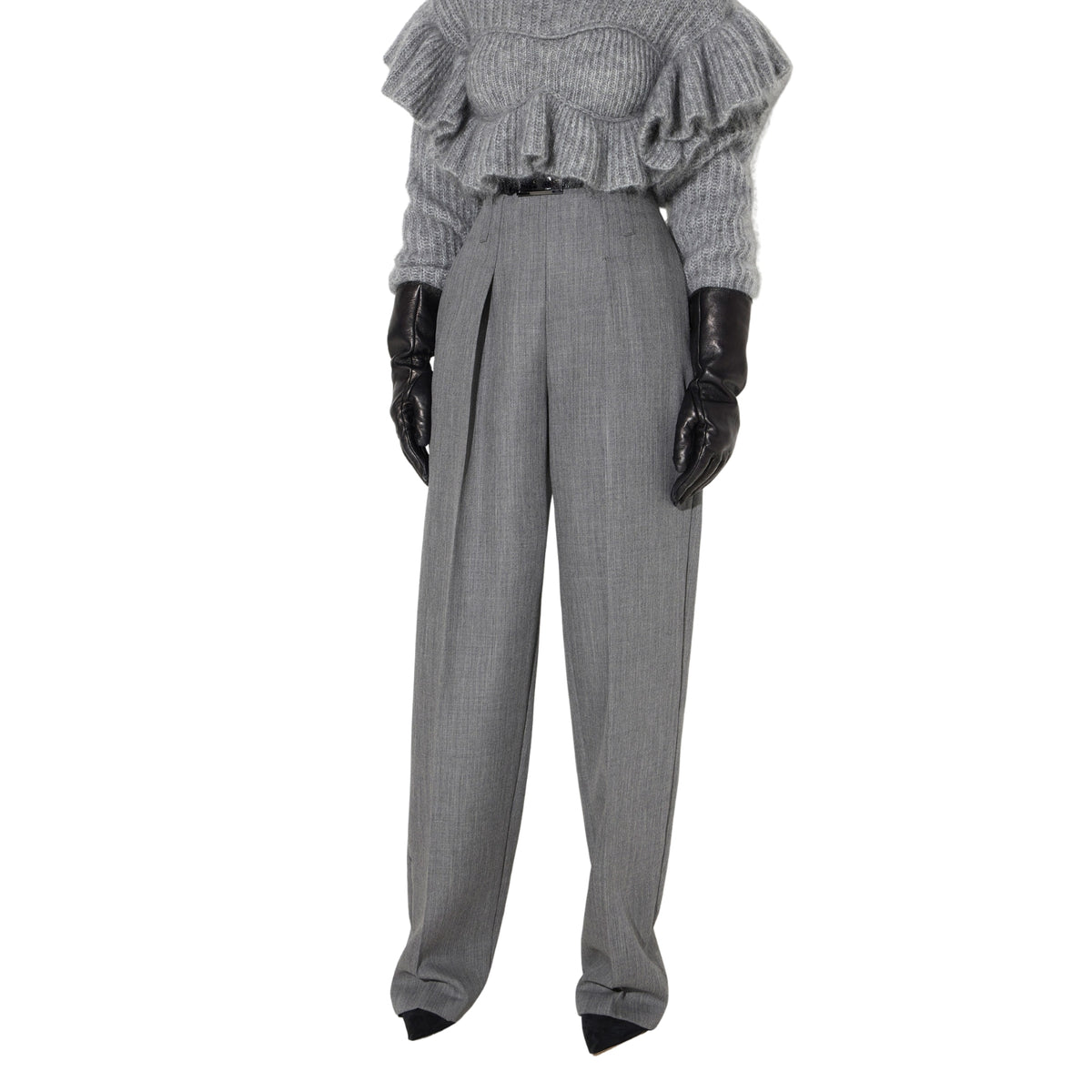 Pantalone in lana a vita alta con cintura - Grigio