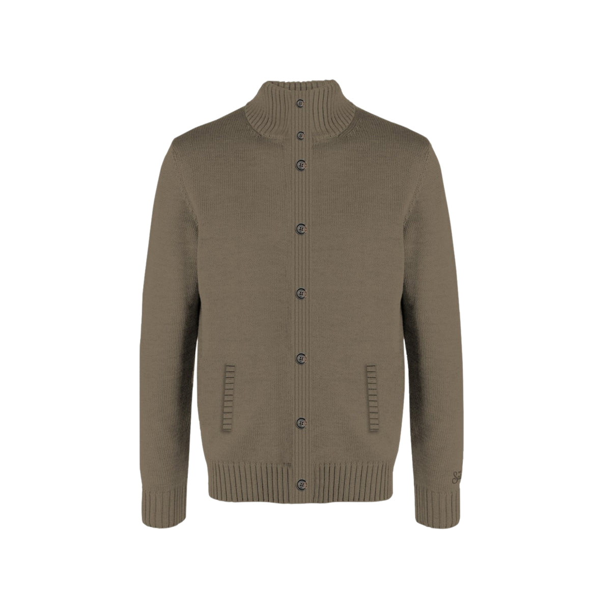 Cardigan Galway beige in lana lambswool con collo alto-MARRONE