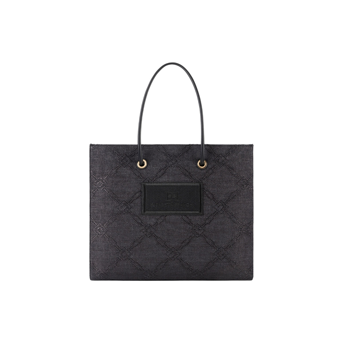 Borsa tote grande in rafia jacquard a losanghe - Nero