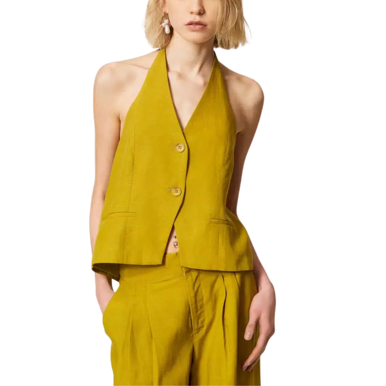 Gilet in misto lino con scollatura halter