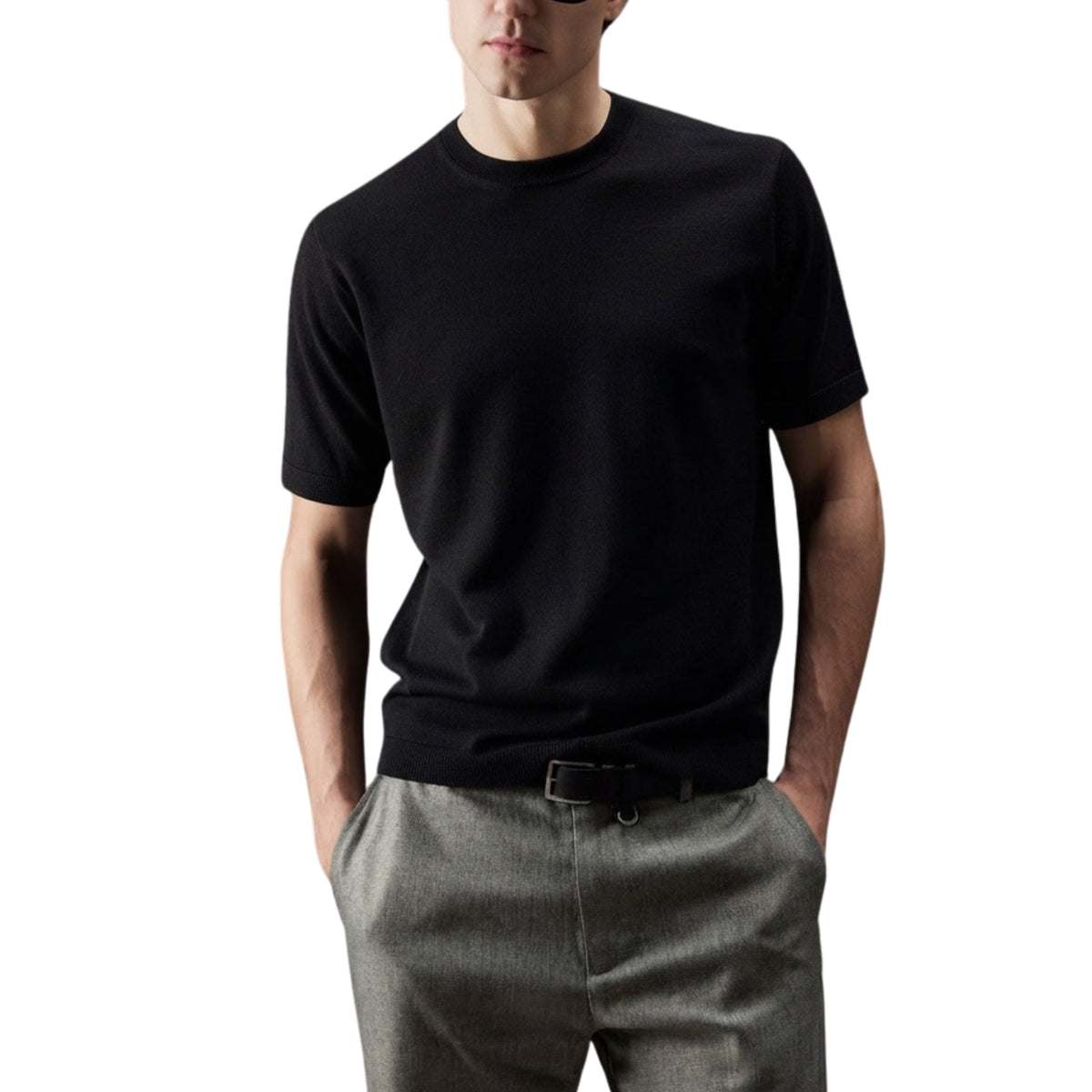 Maglia manica corta in lana e cotone-NERO
