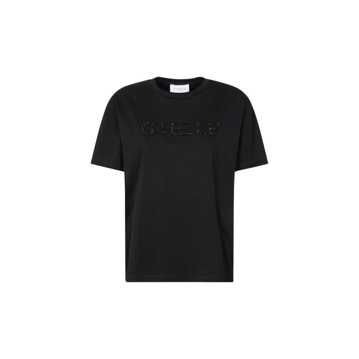 T-shirt paricollo mezza manica con ricamo - Nero