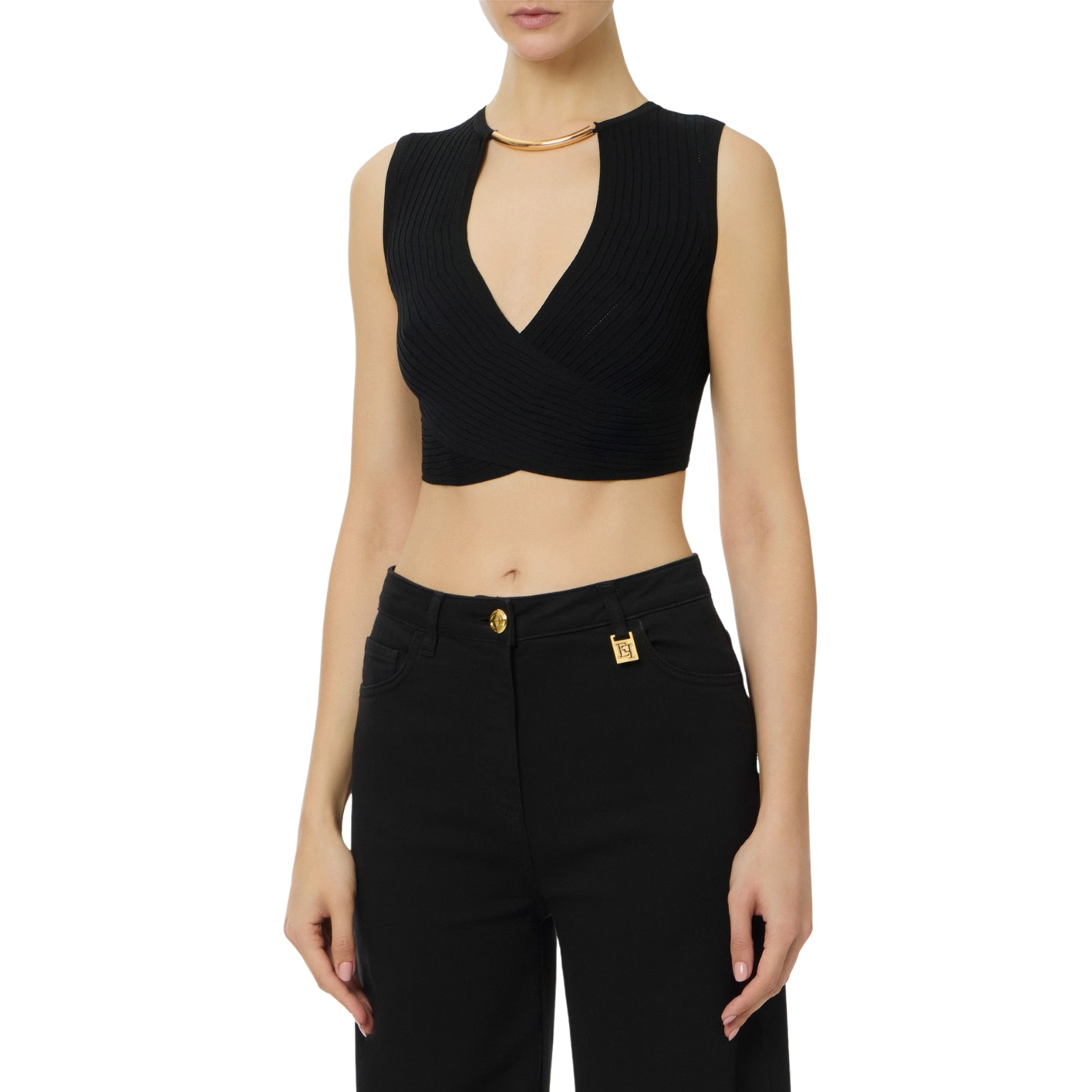 Top in maglia con dettaglio gioiello - NERO