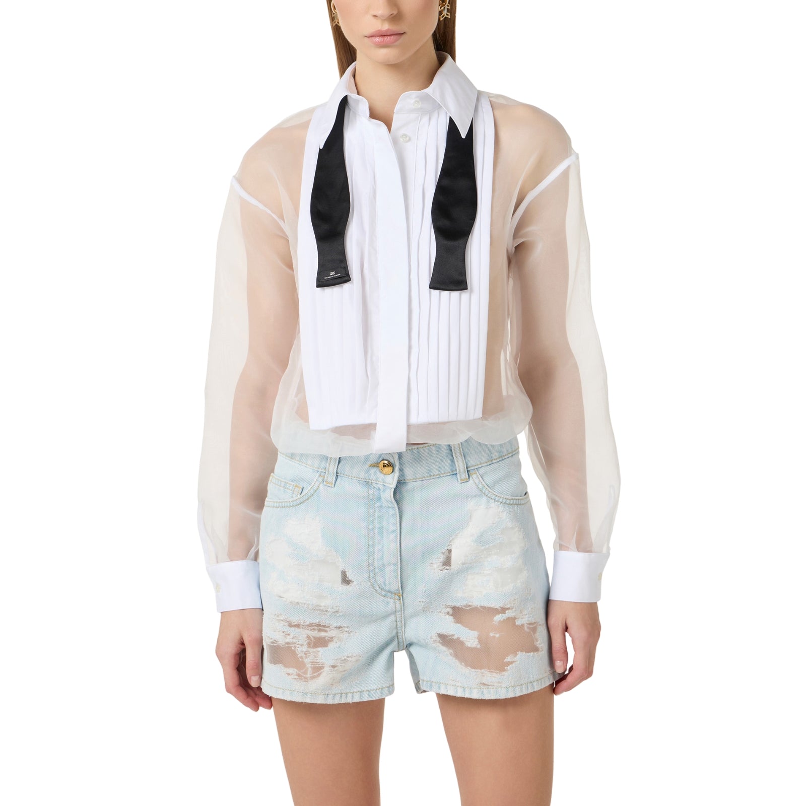 Tuta in organza e denim con papillon