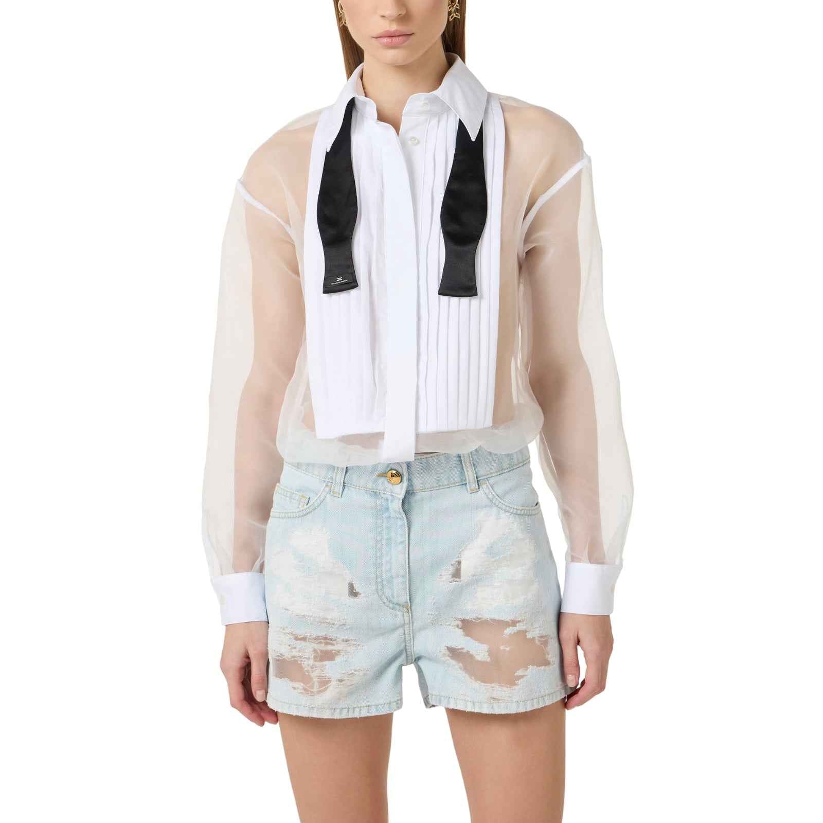 Tuta in organza e denim con papillon