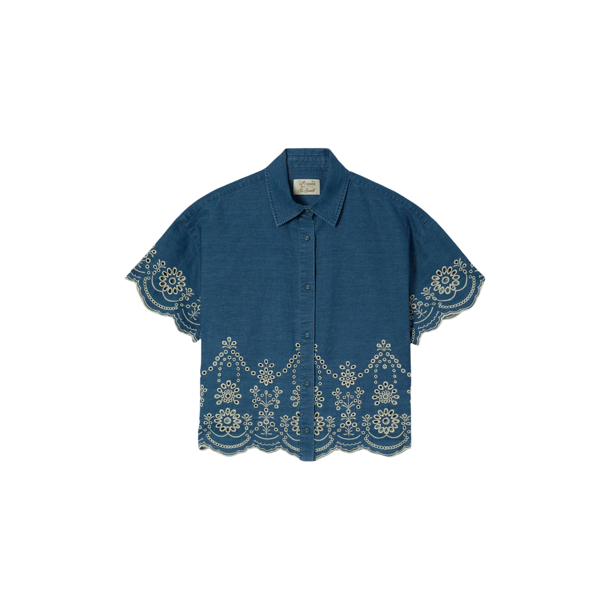 Blusa crop in denim con ricamo sangallo - Denim