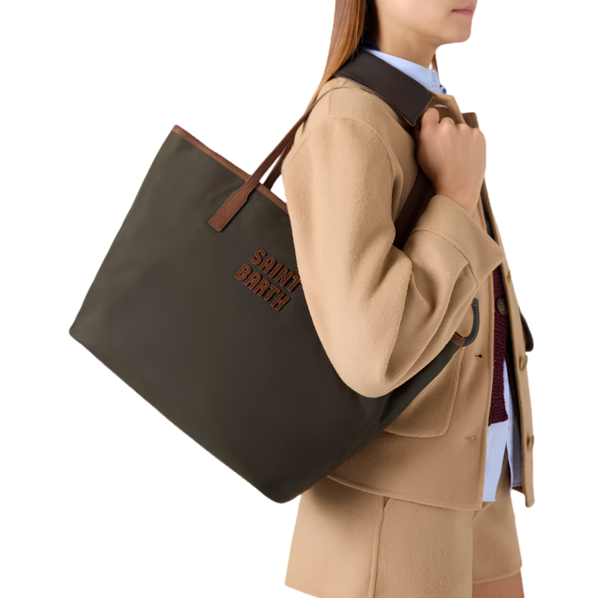 Borsa Large City in tessuto cerato con ricamo logo - VERDE
