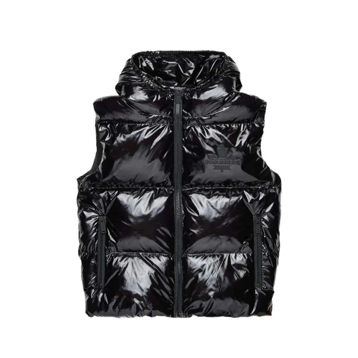 Gilet in nylon lucido con logo e foglia d'acero - Nero
