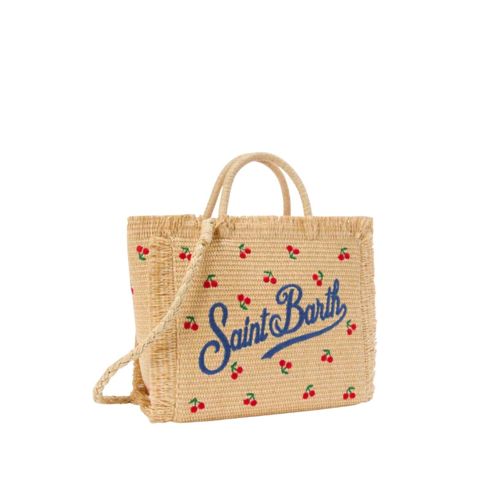 Borsa Colette in tessuto effetto paglia con ricami ciliegie