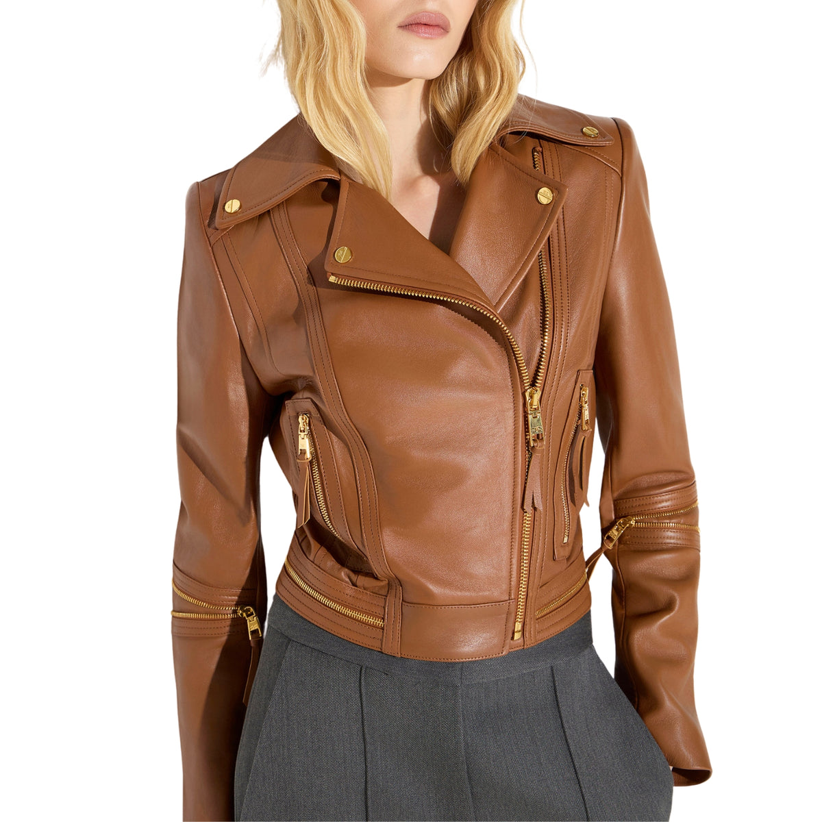 Giacca biker in pelle con zip dorate - Sigaro