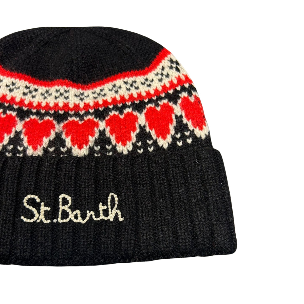 Berretto stampa Nordic con cuori - Nero/Panna