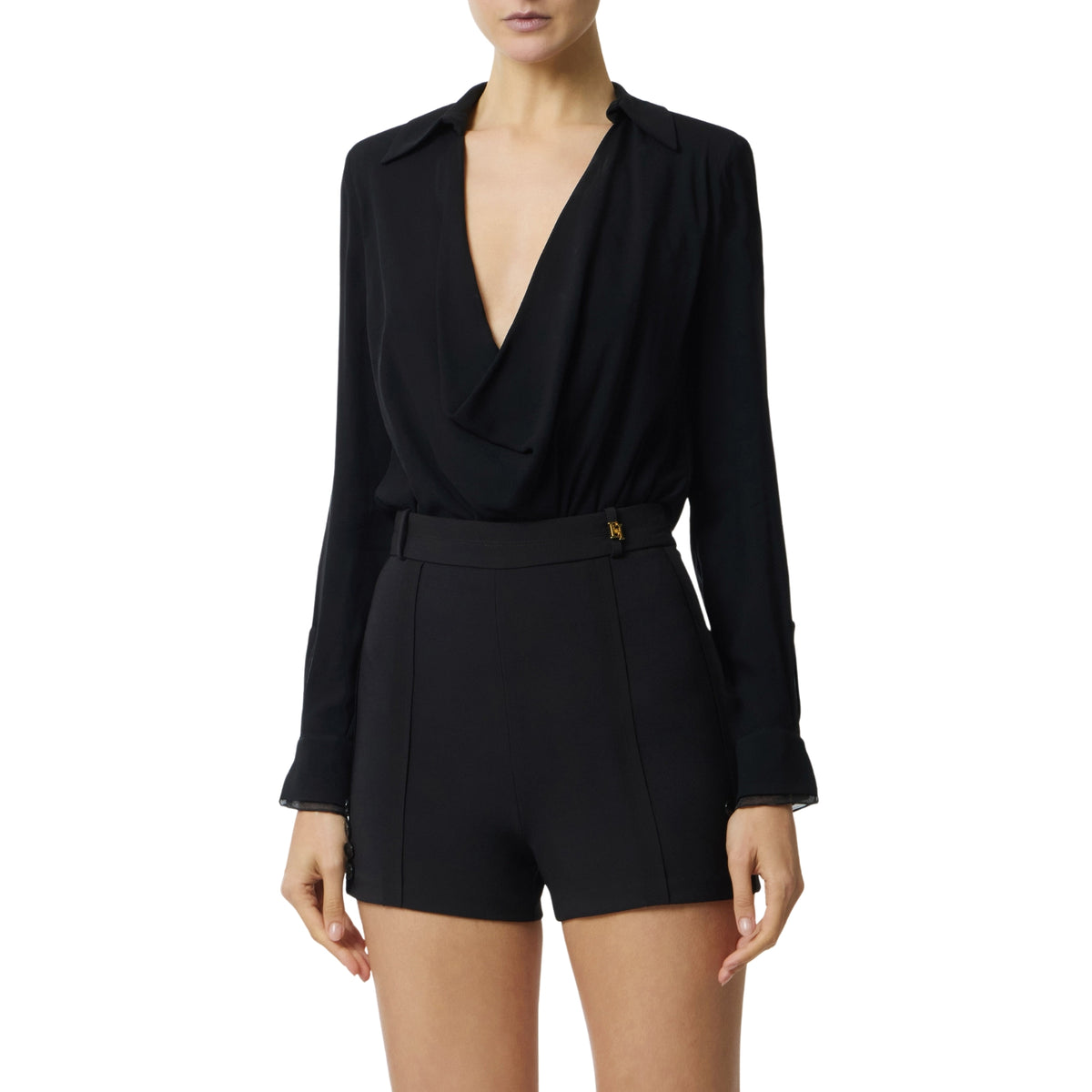 Body in georgette con collo a camicia - Nero