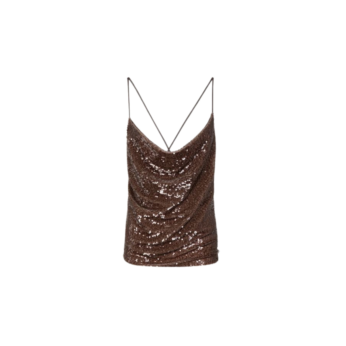 Top a bretelline con scollo a cappuccio in paillettes - Moka