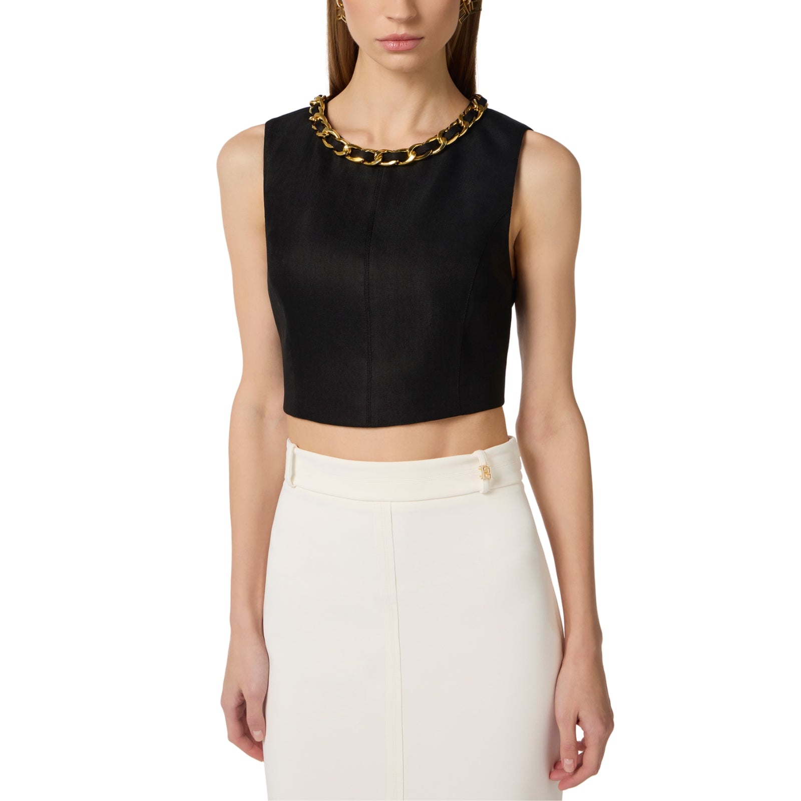 Top in misto lino con catena gioiello - NERO