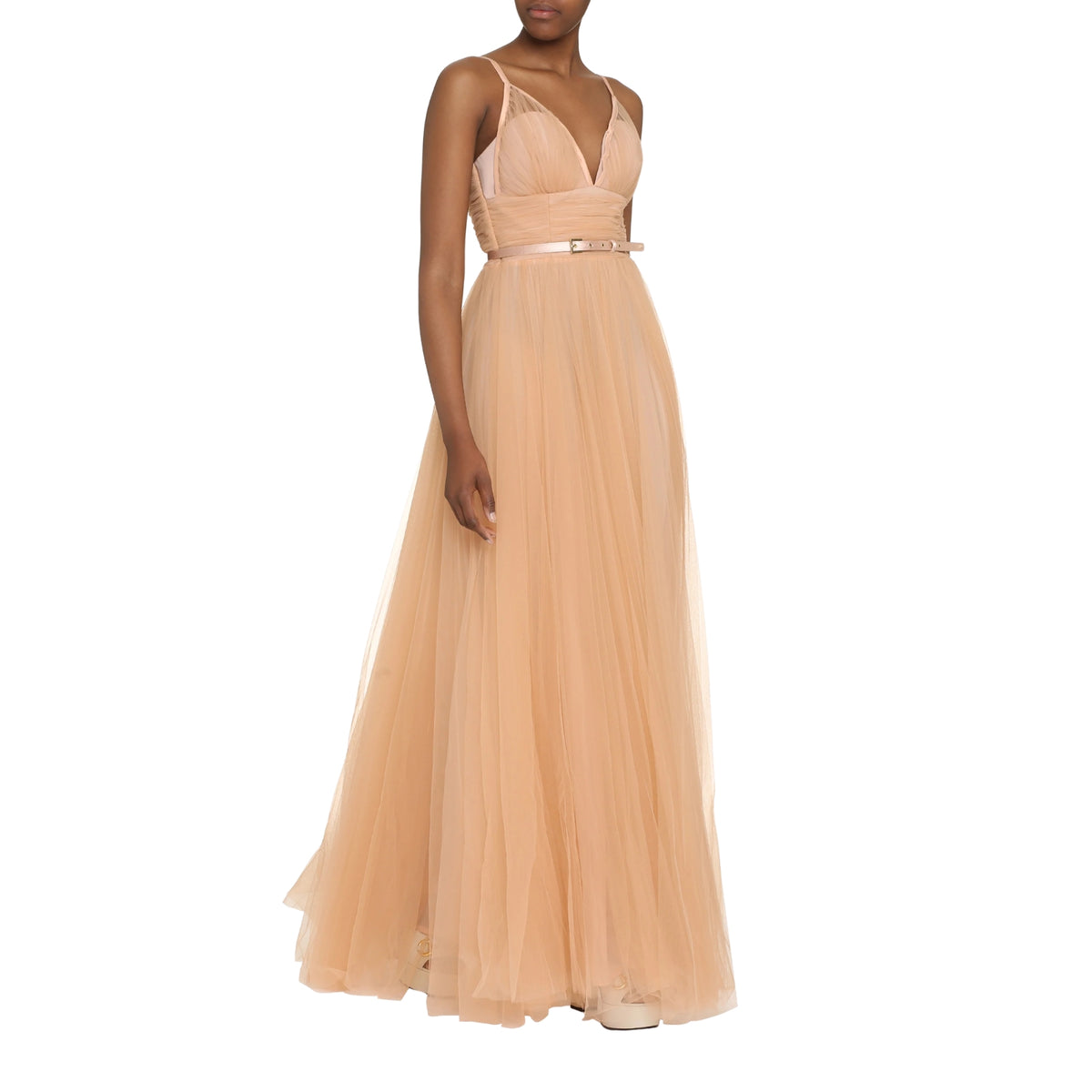 Abito lungo in tulle con coppe e bretelle sottili - Carne