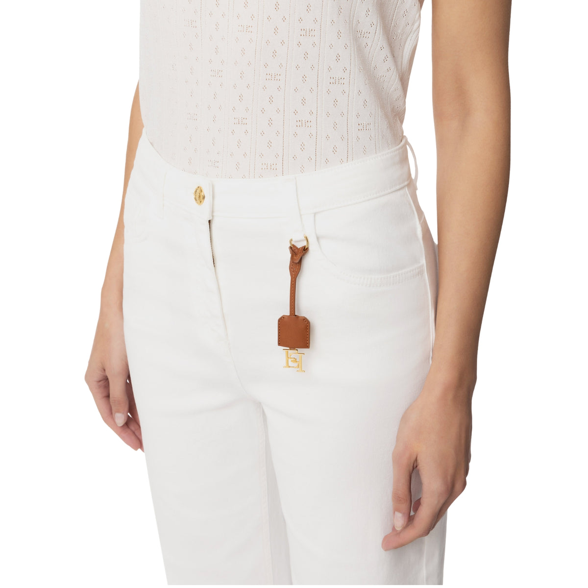 Jeans 5 tasche vita alta con charm removibile - Avorio