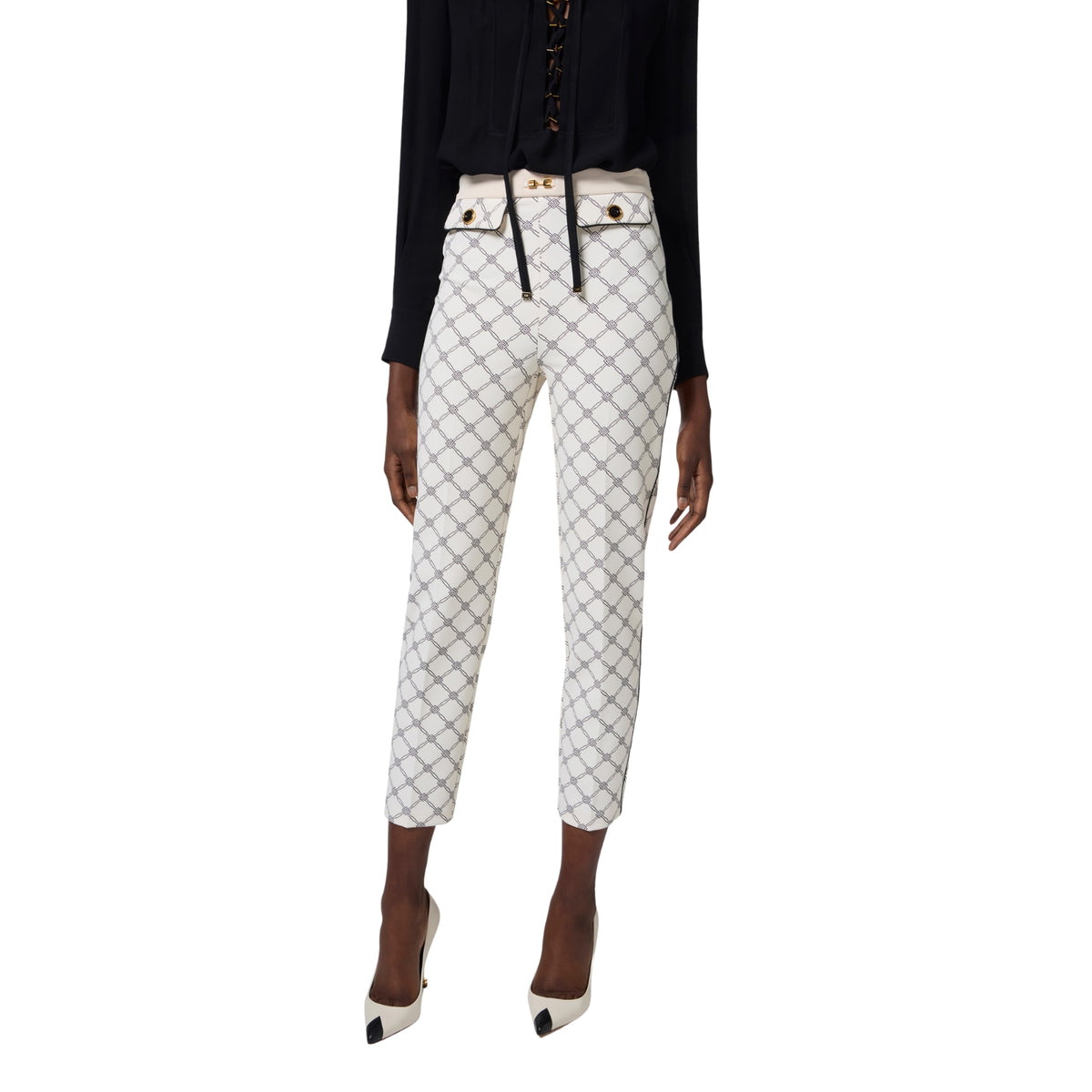 Pantalone in crêpe stampa losanghe - Burro/Nero