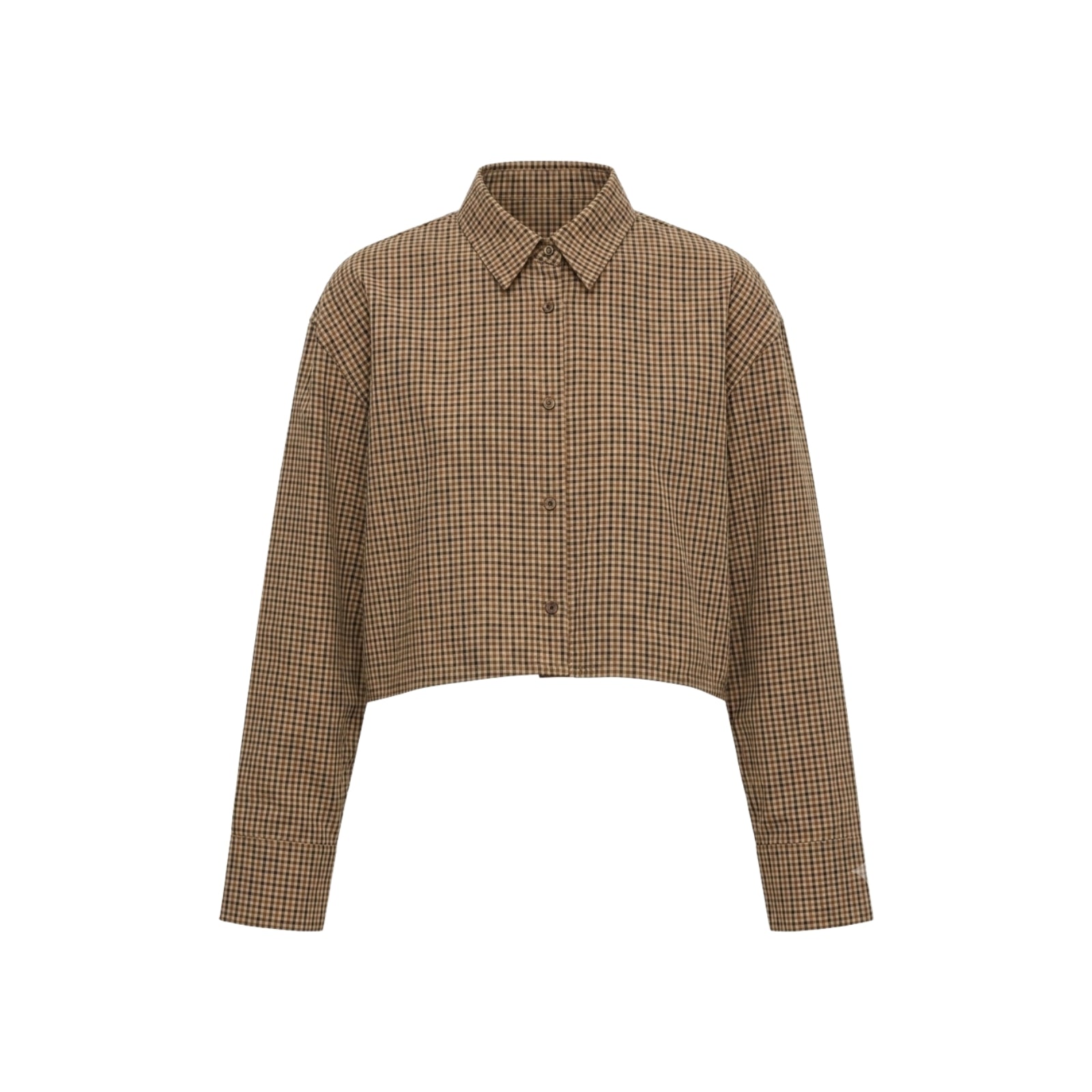 Camicia corta crop a micro-quadri marrone e beige