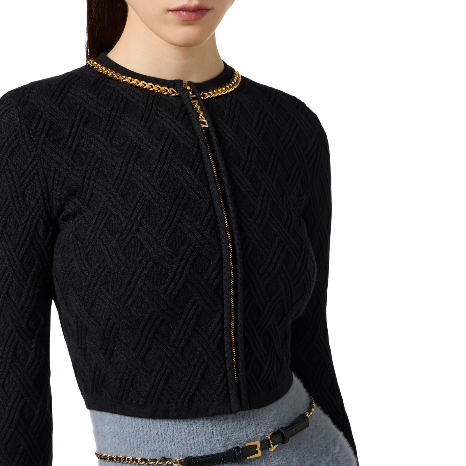 Cardigan in maglia a rombi con dettaglio gioiello - NERO
