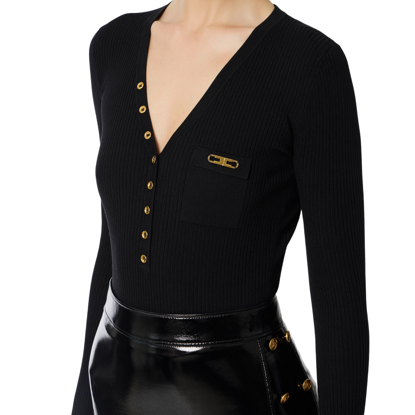 Maglia a costine con taschino - NERO