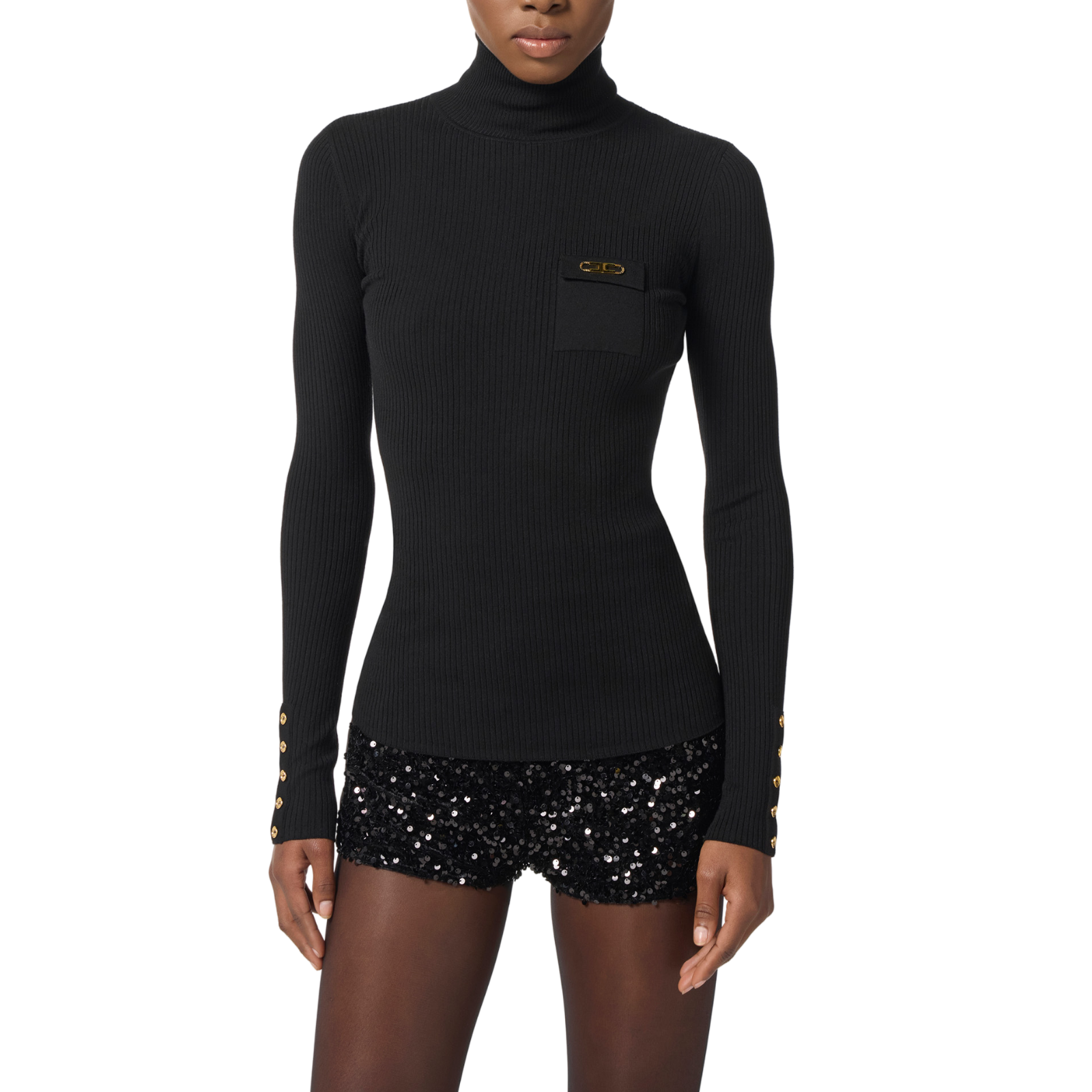 Maglia a costine con taschino - NERO