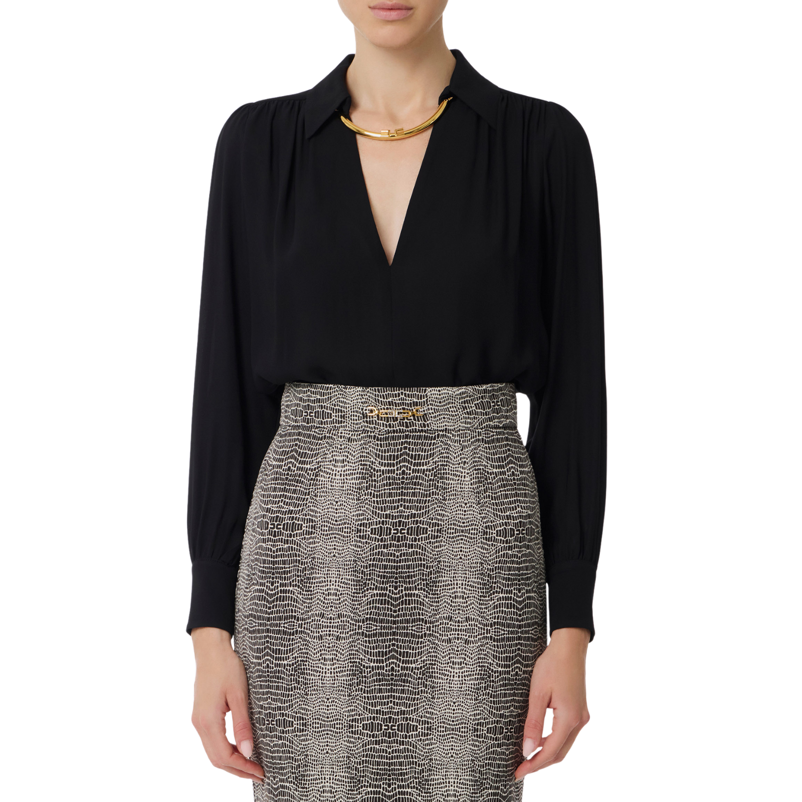 Camicia in georgette con dettaglio gioiello - NERO