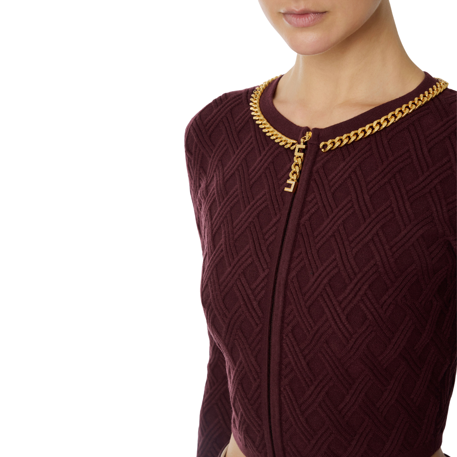 Cardigan in maglia a rombi con dettaglio gioiello - MERLOT