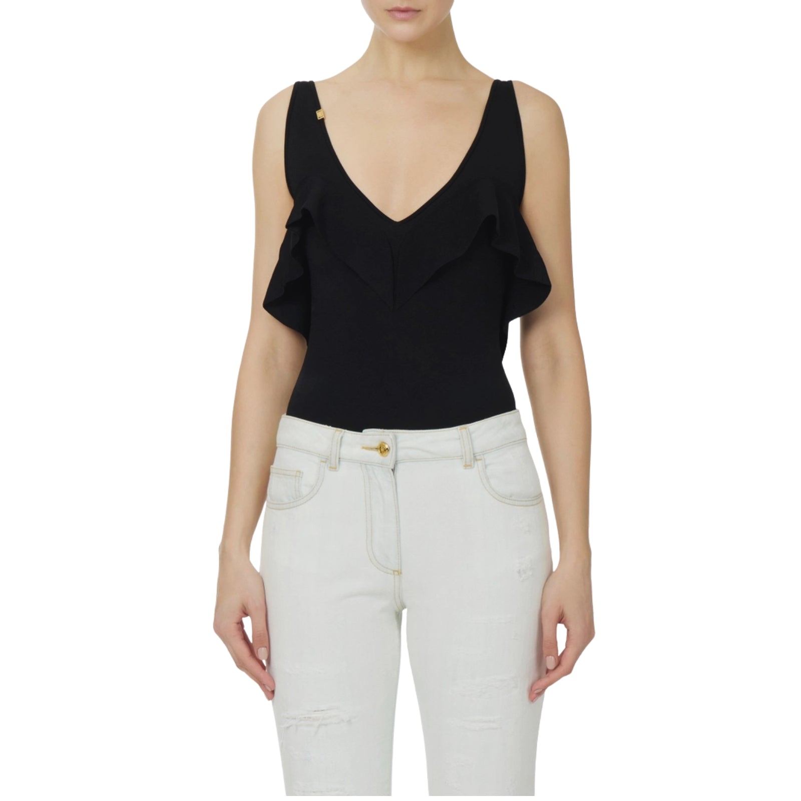 Body in maglia punto stoffa con volant - NERO