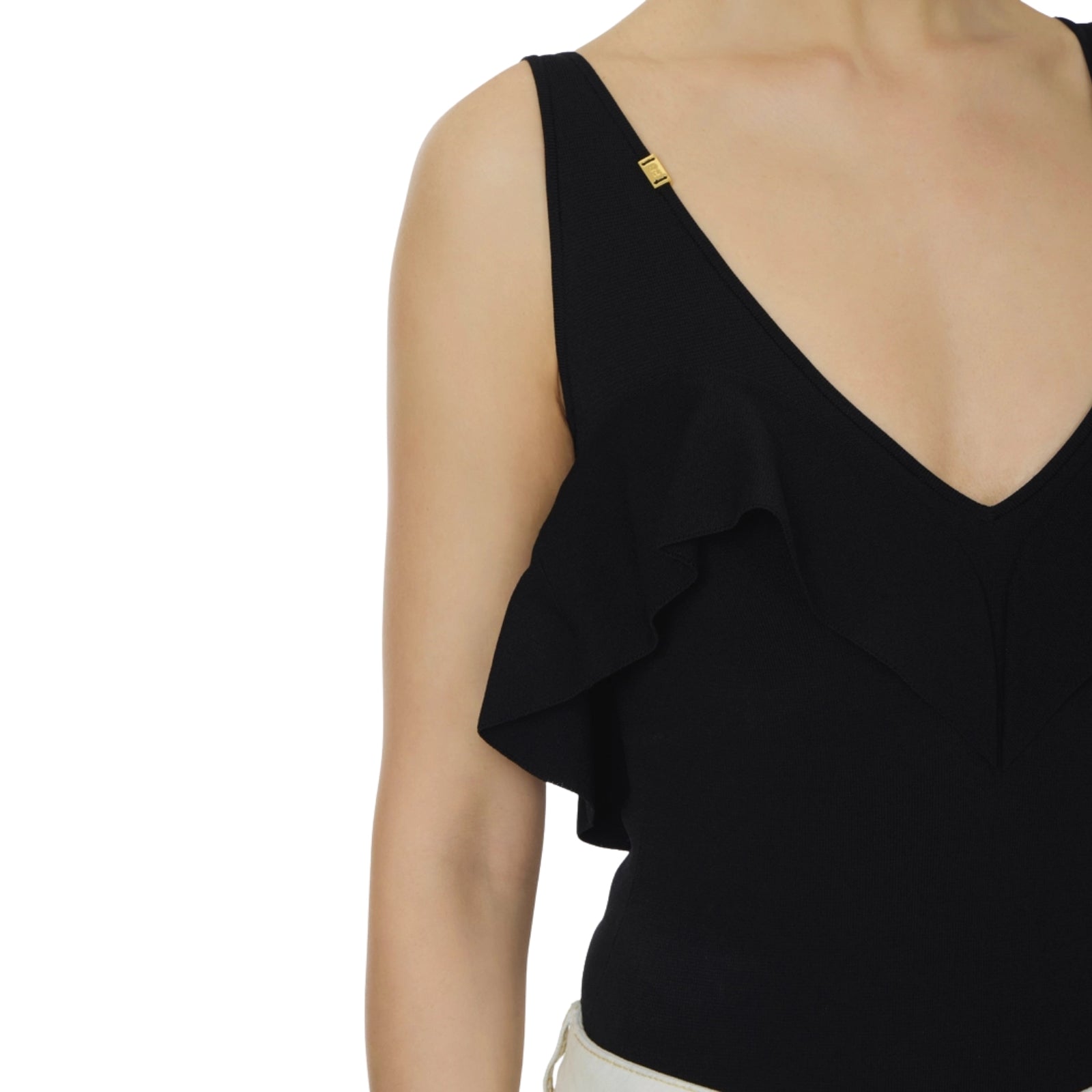 Body in maglia punto stoffa con volant - NERO