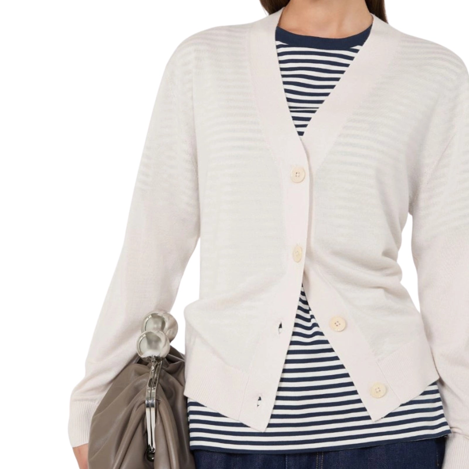 Cardigan a V in lana, seta e cachemire - PANNA