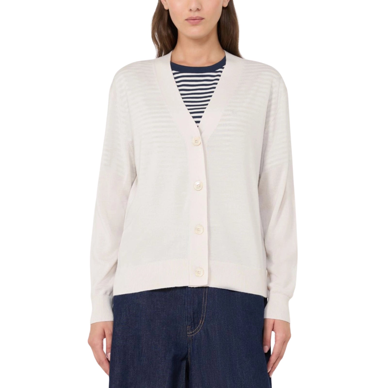 Cardigan a V in lana, seta e cachemire - PANNA