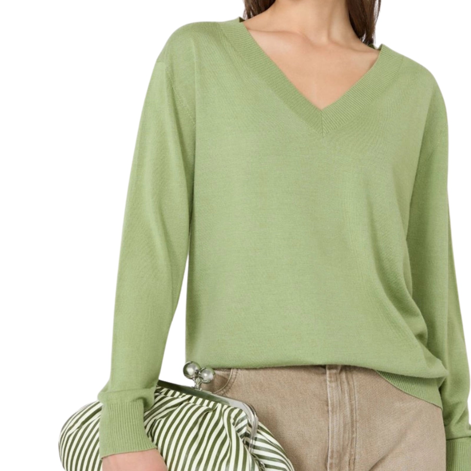 Maglia a V in lana, seta e cachemire - PISTACCHIO