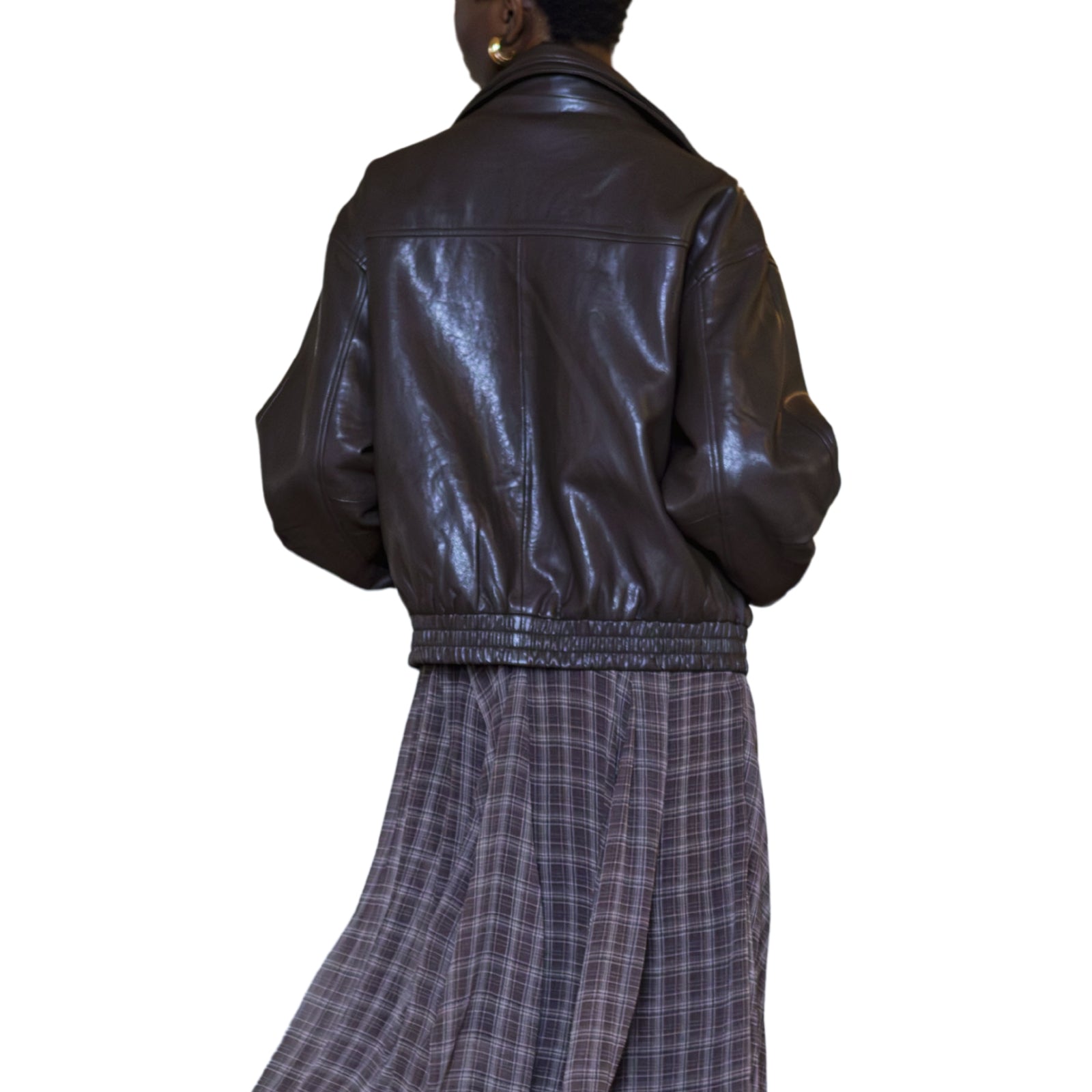 Giubbotto bomber oversize in ecopelle nera con collo asimmetrico