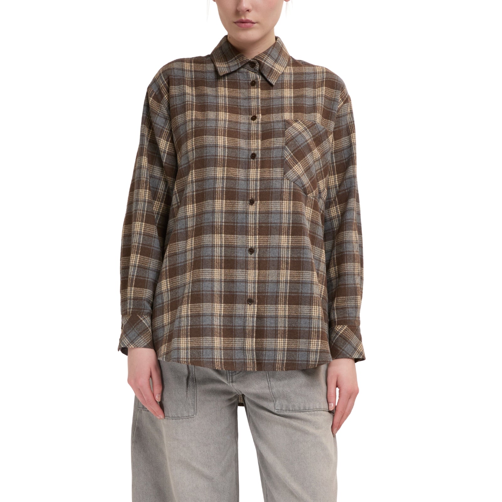 Camicia oversize a quadri marrone e grigio con taschino