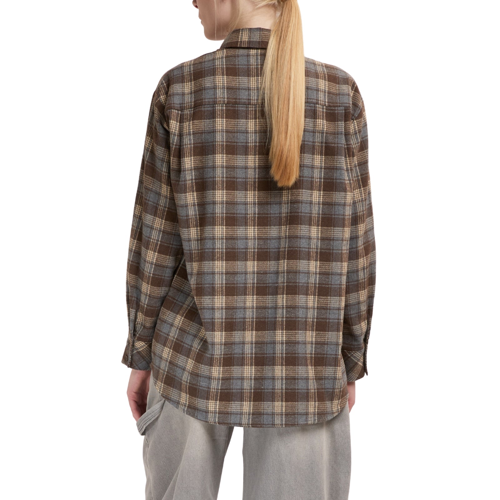 Camicia oversize a quadri marrone e grigio con taschino