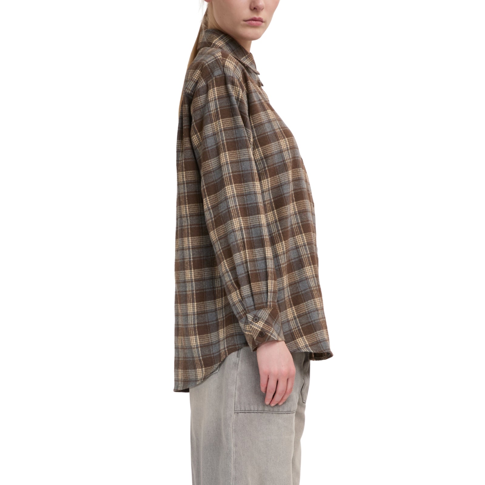 Camicia oversize a quadri marrone e grigio con taschino